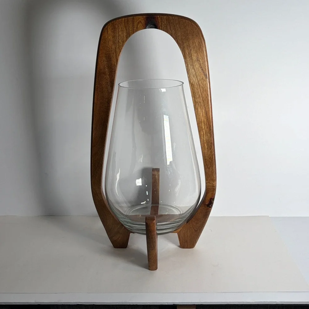 MCM Glass Hurricane Lantern Wood Arched Handle Tripod Base Decor 18